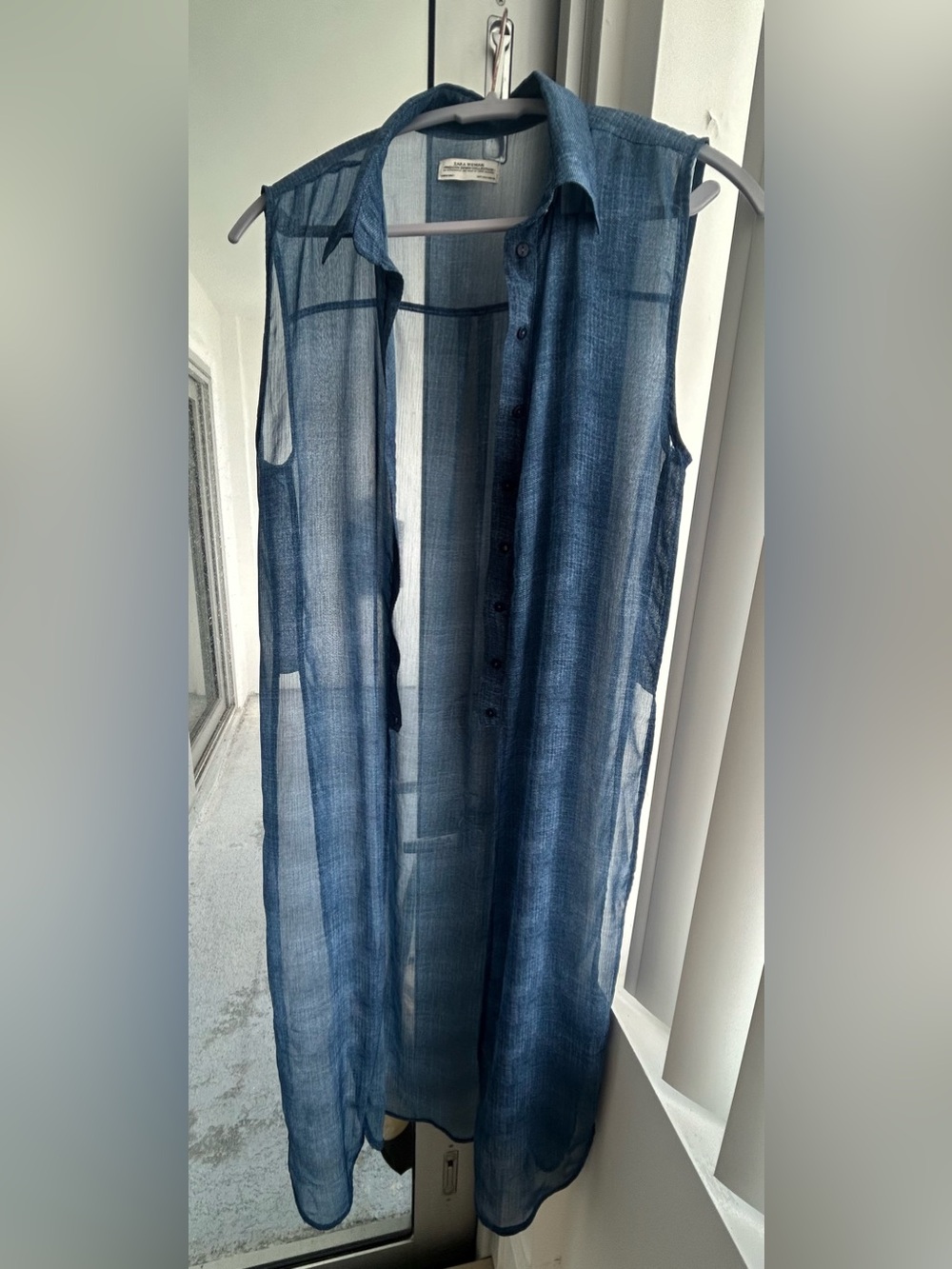 Zara Sheer Button-Front Long Shirt - Blue